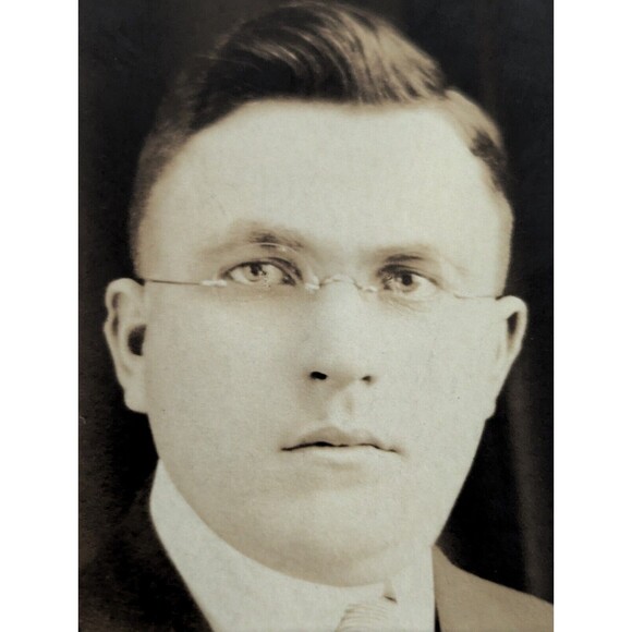 Man Glasses Suit Portrait RPPC Postcard AZO 4 Arrows Up Unposted White Border - Picture 2 of 6